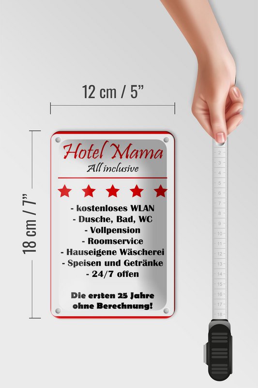 Tin sign saying 12x18cm Hotel Mama white-red decoration