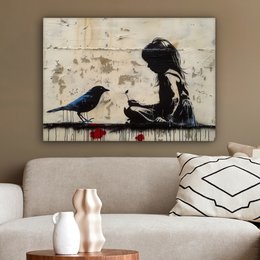 Canvas schilderij - Wanddecoratie Meisje - Street art - Vogel - Abstract - Graffiti - Modern - Muurdecoratie woonkamer - Kamer decoratie modern - Abstracte schilderijen