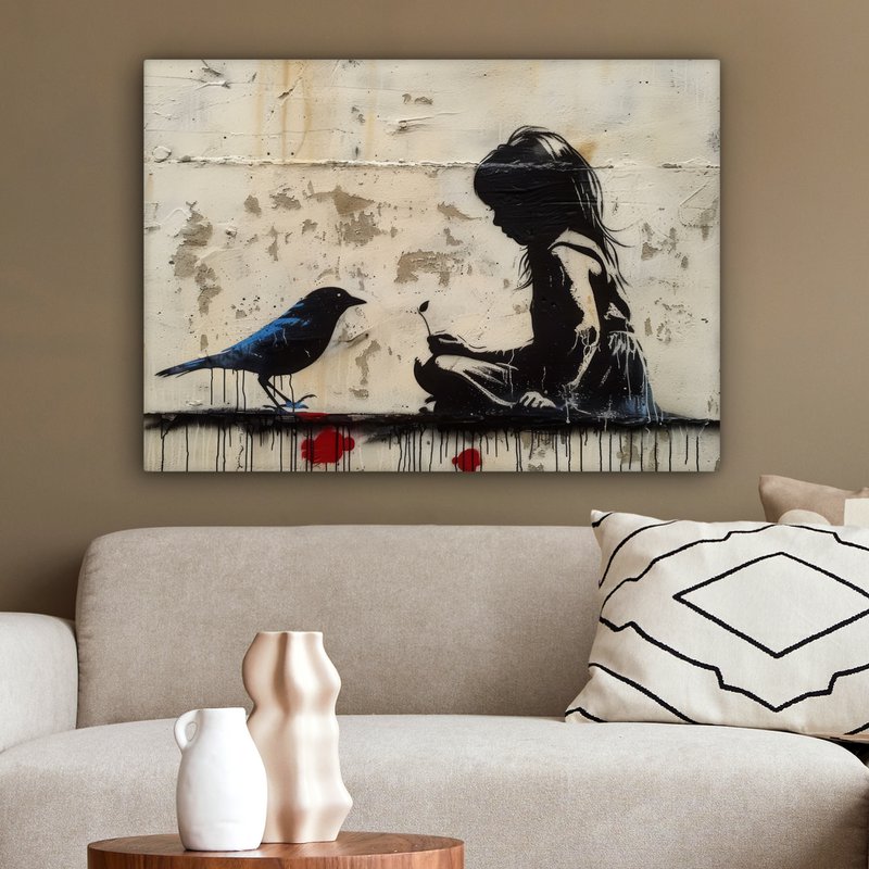 Canvas schilderij - Wanddecoratie Meisje - Street art - Vogel - Abstract - Graffiti - Modern - Muurdecoratie woonkamer - Kamer decoratie modern - Abstracte schilderijen