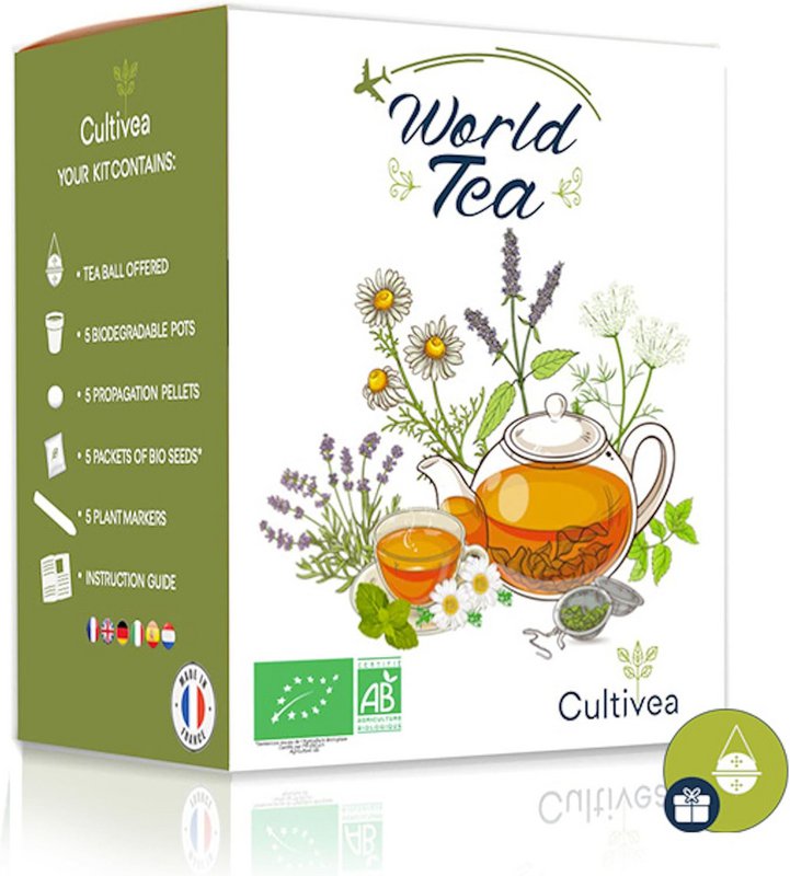 CULTIVEA® Mini Kit Ready to Grow World Teas - 100 % økologiske frø - Have og nyd - Gaveidé (Havete, mynte, kamille, agastache, grøn anis)