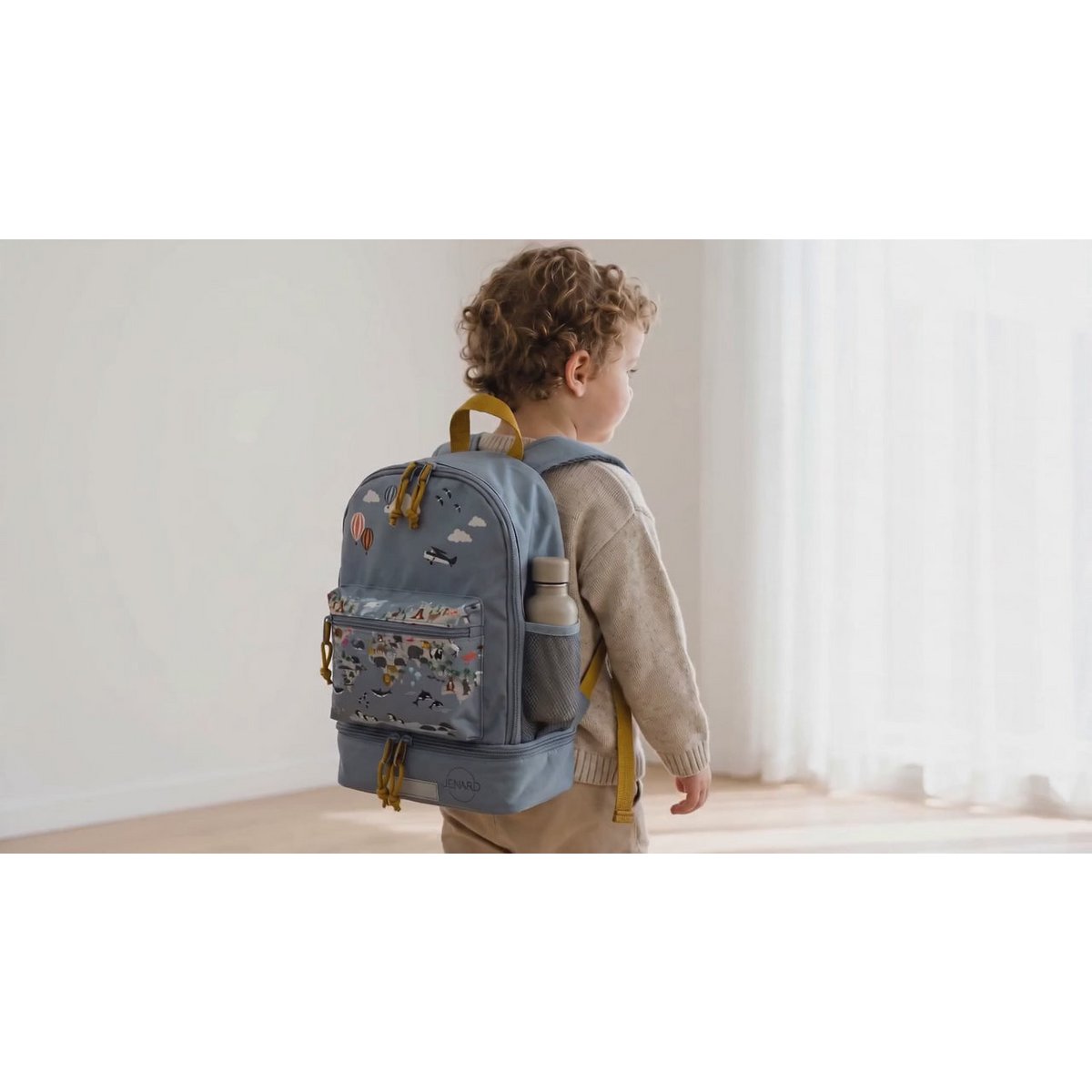 Jenard® kinderrugzak - lichtgewicht rugzak voor kleuterschool, school, sport & uitstapjes | met drinkflessenvak, reflectoren | Blauw/wereldkaart met dieren