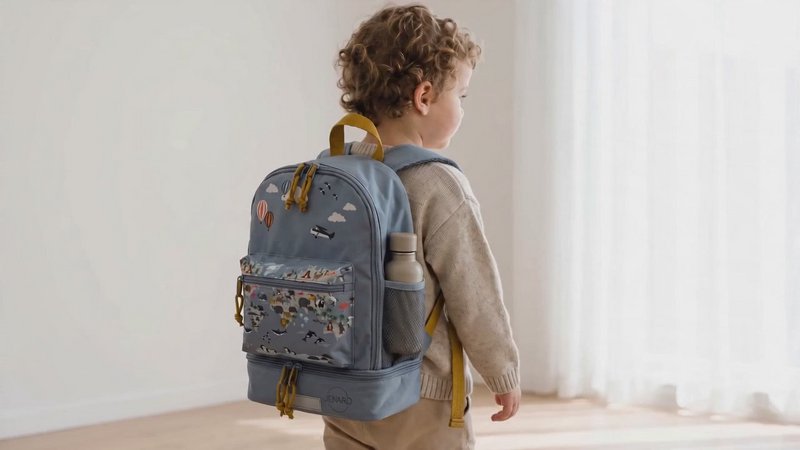 Sac à dos pour enfants Jenard® - sac à dos léger pour la maternelle, l'école, le sport et les voyages | avec compartiment pour gourde, réflecteurs | Bleu/carte du monde avec des animaux
