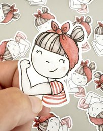 Girl with brown bow, pear illustration, cute minimalist sticker design for laptop decoration.