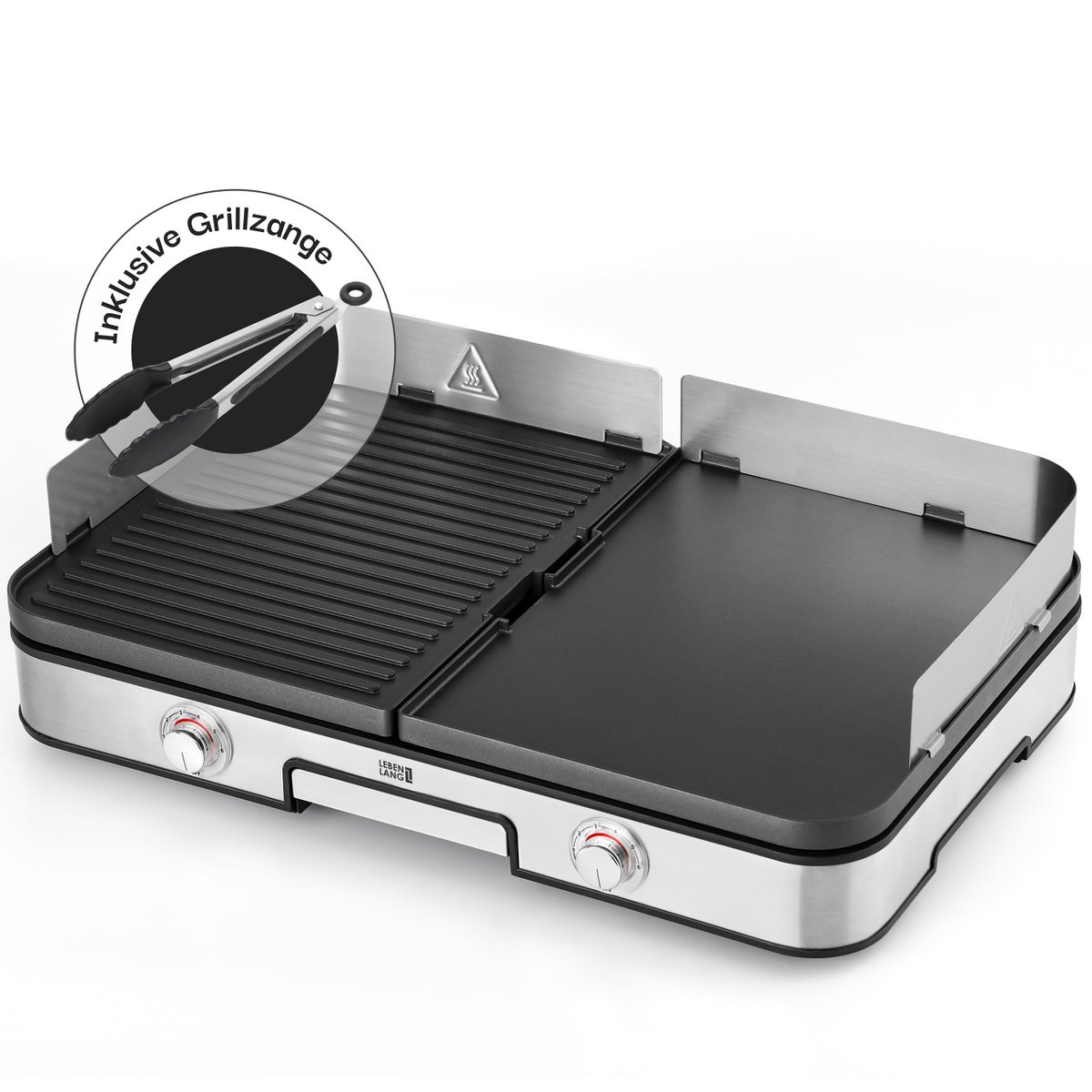 LEBENLANG Elektrogrill Tischgrill elektrisch - Inkl. Grillzange & Spritzschutz I 2400W Für Drinnen & Draußen I Gril Elektro Grill für Balkon Tisch I Elektrischer Plattengrill Indoor Grills Indoorgrill