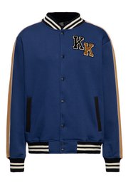 Navy blue college-style jacket with "KK" logo, available in sizes S to 4XL.