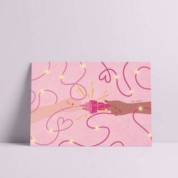 Poster with abstract pink and white shapes, featuring a light-up element. Available in A4 and A3 sizes.
