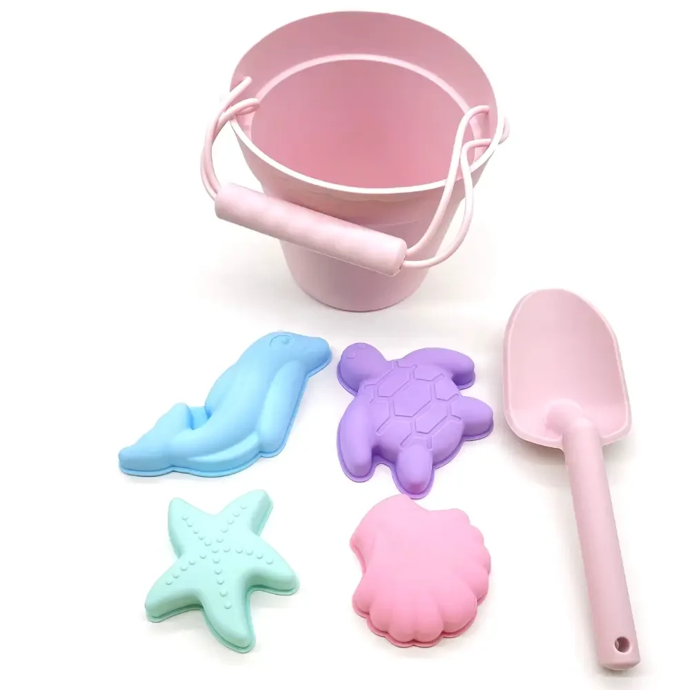 Juguetes de playa de silicona (cubo, pala y 4 accesorios)