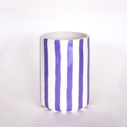  Purple and white striped cylindrical vase, modern geometric pattern, tall ceramic vessel