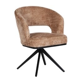 Caramel-colored upholstered dining chair with a curved backrest and swivel base.