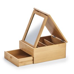Bamboo jewelry box with mirror, natural wood, rectangular shape, multiple compartments, drawer storage