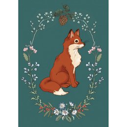 A beautiful postcard featuring a charming illustration of a red fox sitting in a floral wreath against a dark green background.
