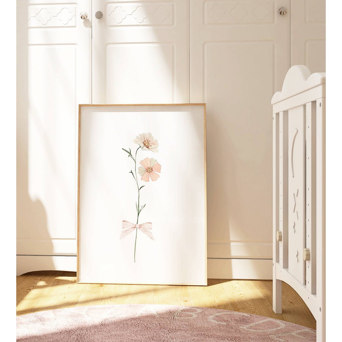 Errötende Frühlingsblumen mit Bug, rosa Wildblumenplakat, Wildblumen -Bouquet -Druck, Blumendruck, botanisches Plakat, Blumenplakat, Blumendruck, Wildblumenplakat, Blumen -Kindergarten -Plakat, Pfirsichblumen