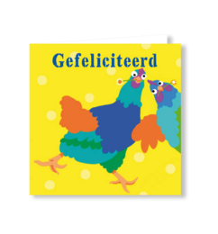  Colorful birthday card with cheerful rooster chicken, yellow background, Dutch text "Gefeliciteerd"