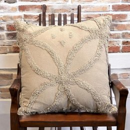 Beige tufted cushion cover 16x16 inch, geometric pattern, embroidered details, set of 2