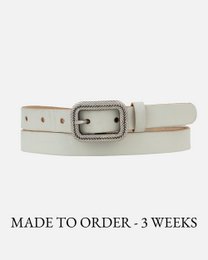  Vintage skinny leather belt in a variety of colors and sizes, including black, brown, camel, cobalt blue, green, navy, ochre yellow, off-white, orange, taupe, and wine. The belt features a classic buckle closure and is made to order in 3 weeks.