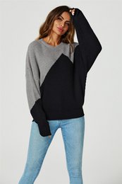 Blokerfarve afslappet strik jumper top i grå og sort
