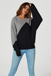 Blockfarbe entspannter Strickpullover in Grau & Schwarz