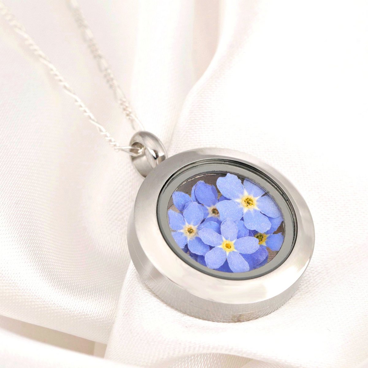 Vergeet-mij-niet bloemenmedaillon - glazen medaillon met echte bloemen 925 sterling zilveren ketting - K925-134