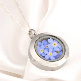 Vergeet-mij-niet bloemenmedaillon - glazen medaillon met echte bloemen 925 sterling zilveren ketting - K925-134