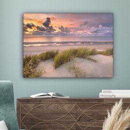 Lærredsmaleri - vægdekoration - solnedgang - klit - strand - planter - hav