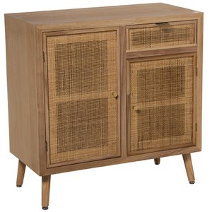 ENTRANCE TABLE WITH 2 DOORS+ NATURAL RATTAN DRAWER, PINE+DM 80X40X81CM, HIGH. LEGS:16CM LL68033