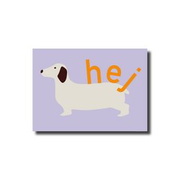  Postcard with a cute dachshund dog illustration and the text "hey". The postcard is made of a light purple background with the dog illustration in white, orange, and black colors.