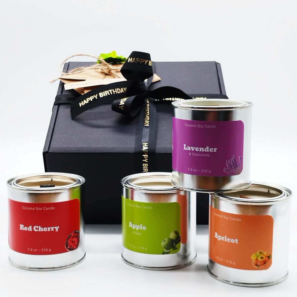 Hoogen Candles Pakiet prezentowy urodziny 4 pyszne świece zapachowe Morela, Czerwona Wiśnia, Jabłko i Lawenda - Rumianek