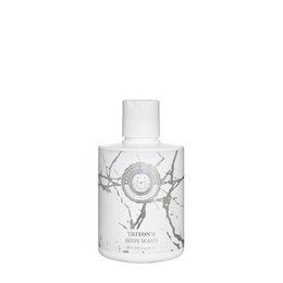 A clear glass bottle with a white cap and a marble-like pattern on the bottle. The product is a men's body wash from the Triton brand.