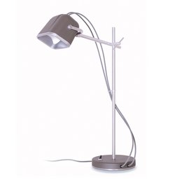 Gray table lamp with adjustable arm and head. Made of metal with a modern, minimalist design.