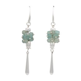 Silver drop earrings with green jade stone cluster, pearl bead, elongated teardrop shape design.