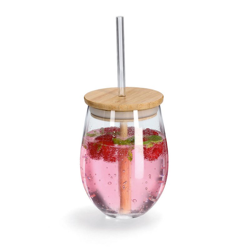 Drinking glass with bamboo lid and glass straw 500ml FSC 100%
