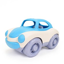  Blue and cream soft toy car, rounded shape, purple wheels, convertible top design, child-friendly vehicle toy
