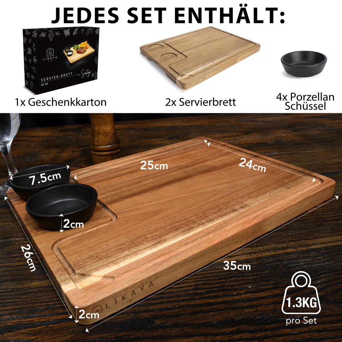 Serving Board XXL „Santiago” 2 Zestaw wykonany z certyfikowanego FSC® Acacia Wood z miskami sosowymi