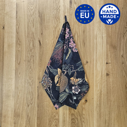 Dark navy cotton-linen kitchen towel with exotic floral botanical pattern, hand-made EU.