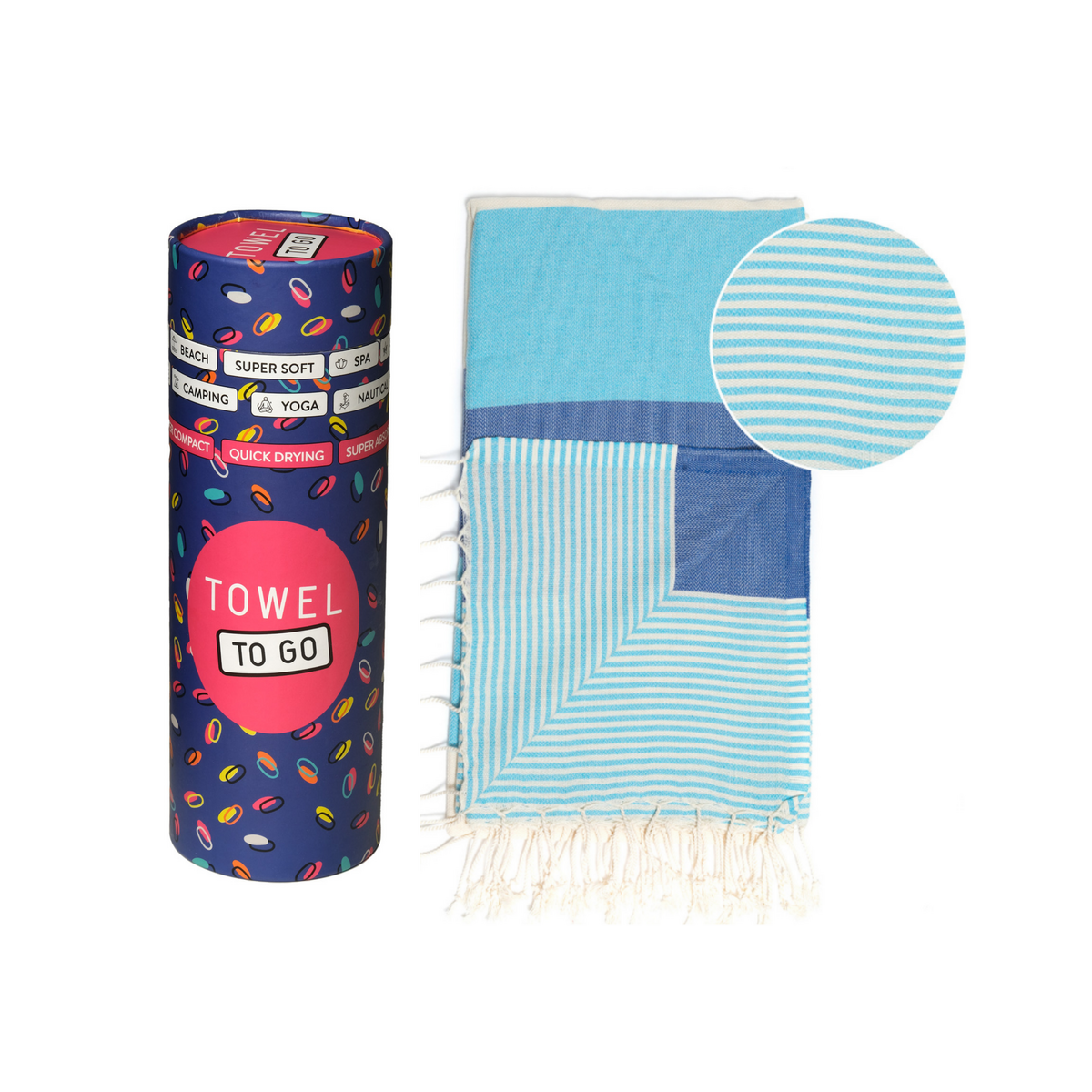 HANDDOEK TO GO PALERMO Katoenen strandlaken 180x100 cm | Sneldrogende zwembadhanddoek | Blauw/Turkoois | met geschenkdoos
