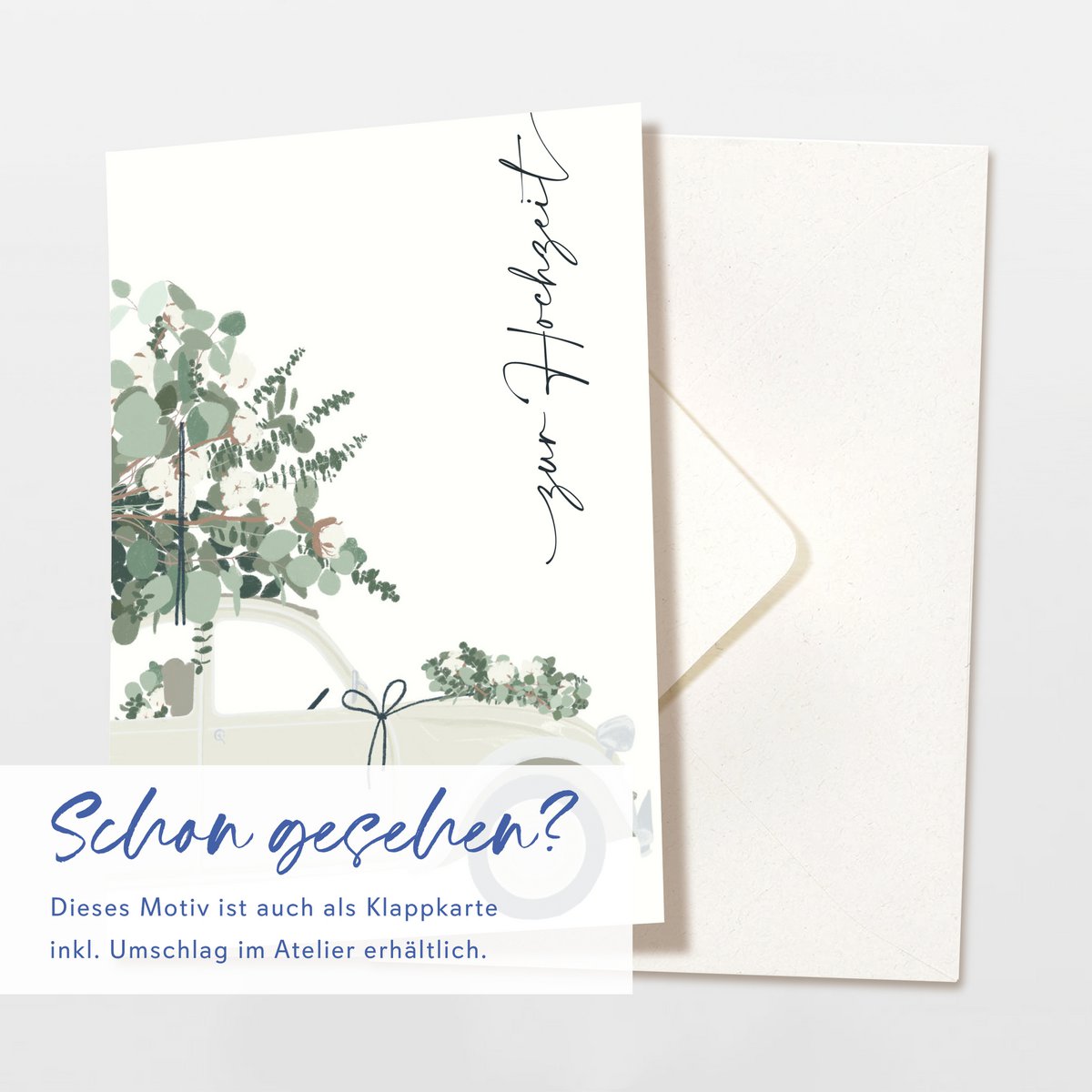Carte de mariage 'pour le mariage' avec une jolie voiture et de l'eucalyptus
