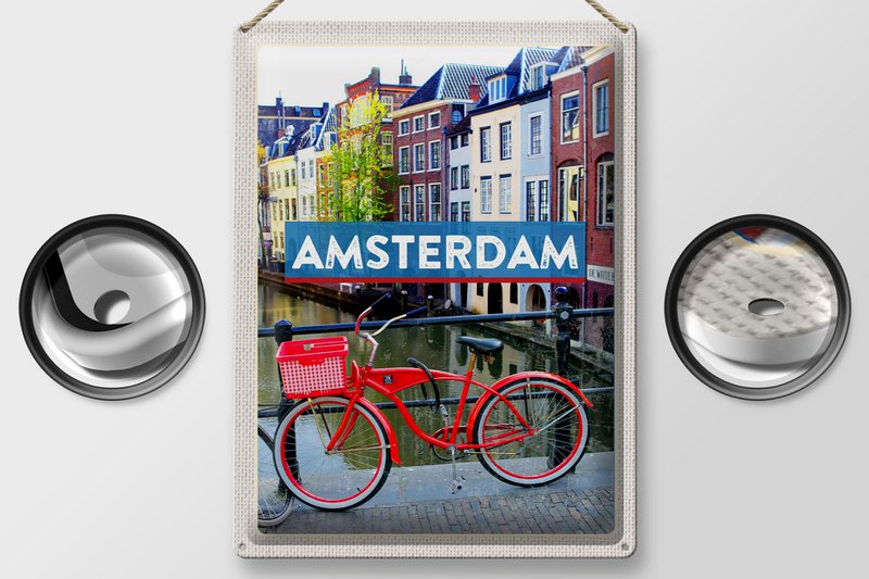 Tin sign travel 30x40cm Amsterdam travel destination bicycle