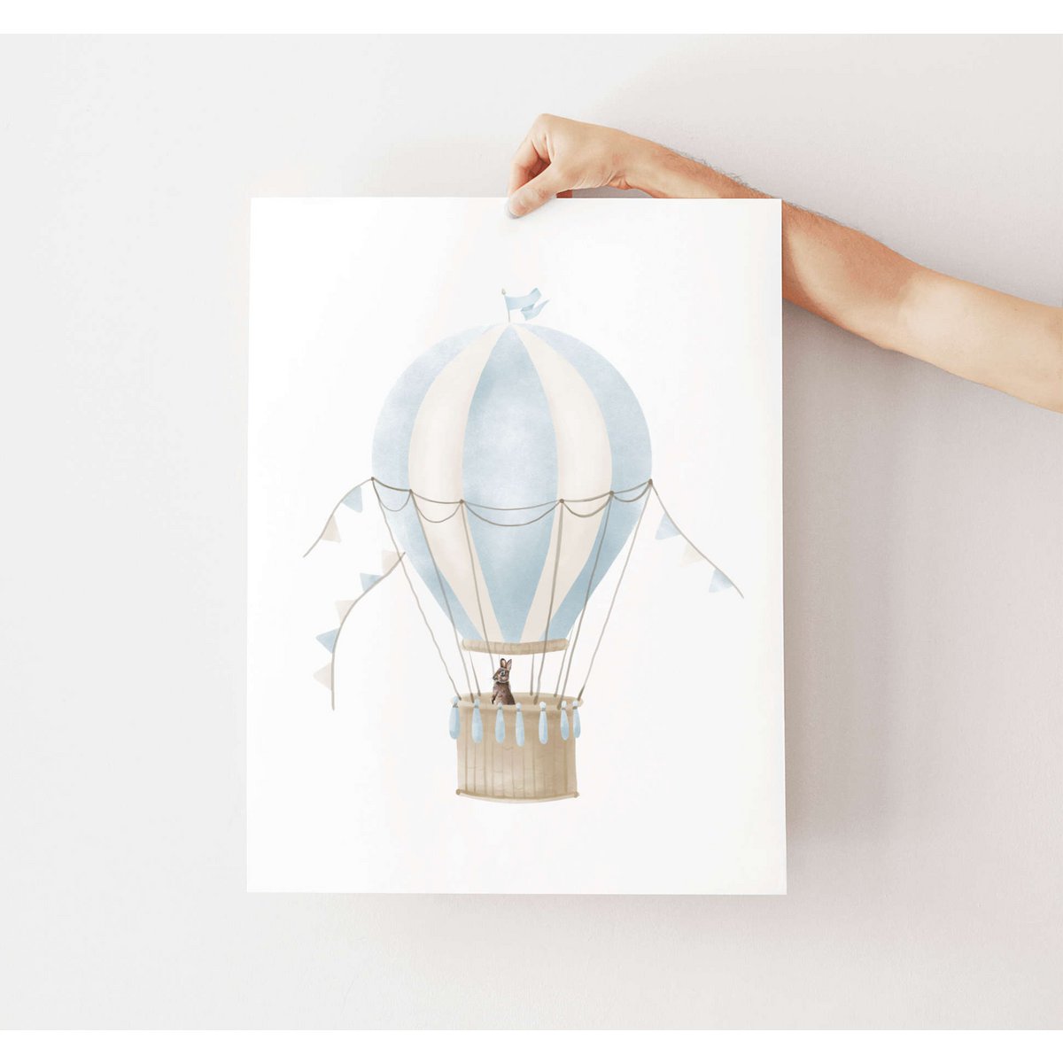 Hot air balloon print, hot air balloon poster, blue hot air balloon, bunny poster, blue boys room poster, woodland print, bunny print, boys nursery art print, boys room