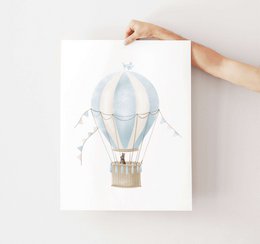 Hot air balloon print, hot air balloon poster, blue hot air balloon, bunny poster, blue boys room poster, woodland print, bunny print, boys nursery art print, boys room