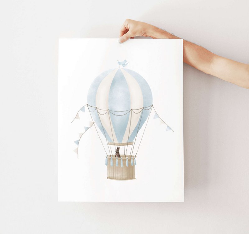 Hot air balloon print, hot air balloon poster, blue hot air balloon, bunny poster, blue boys room poster, woodland print, bunny print, boys nursery art print, boys room