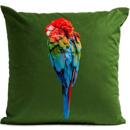 Vibrant red, blue, and yellow parrot cushion with a green background. Soft, plush material.