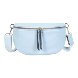 A light blue cross-body bag with a rounded shape, two zippered compartments, and adjustable shoulder strap.