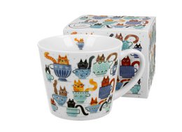  Colorful ceramic mug with infuser and whimsical cat illustrations, perfect for tea or coffee. Includes a matching gift box.