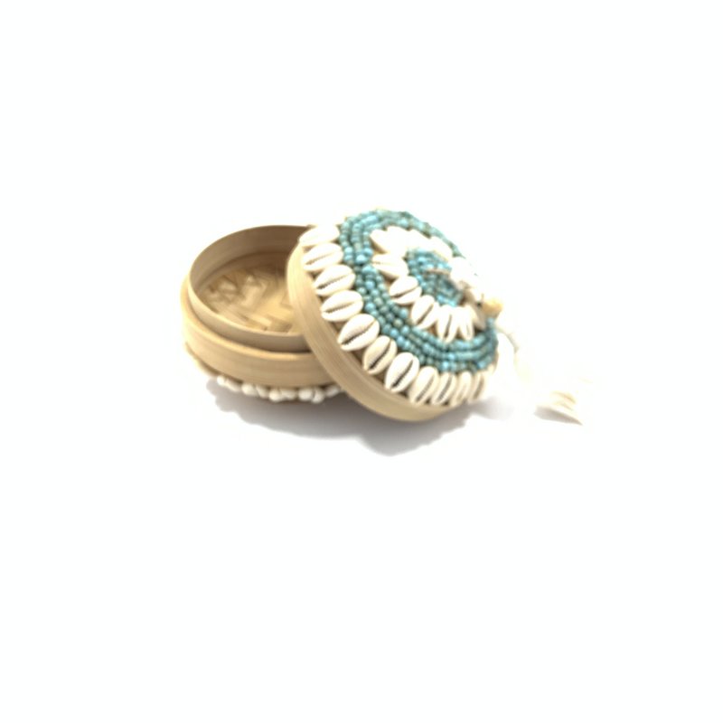 Bambu box with beads and cowrie shells
