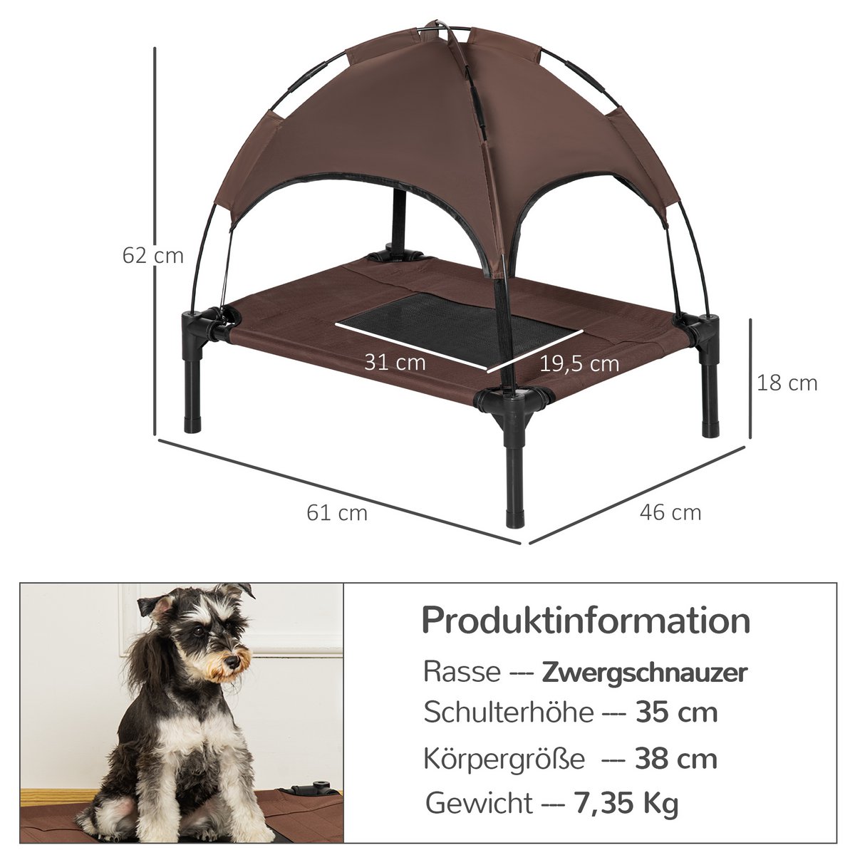 Elevated Dog Bed with Canopy, Pet Bed, Outdoor Dog Lounger with Roof, Breathable, Taffeta Fabric for Camping Gray 92 x 76 x 90 cm