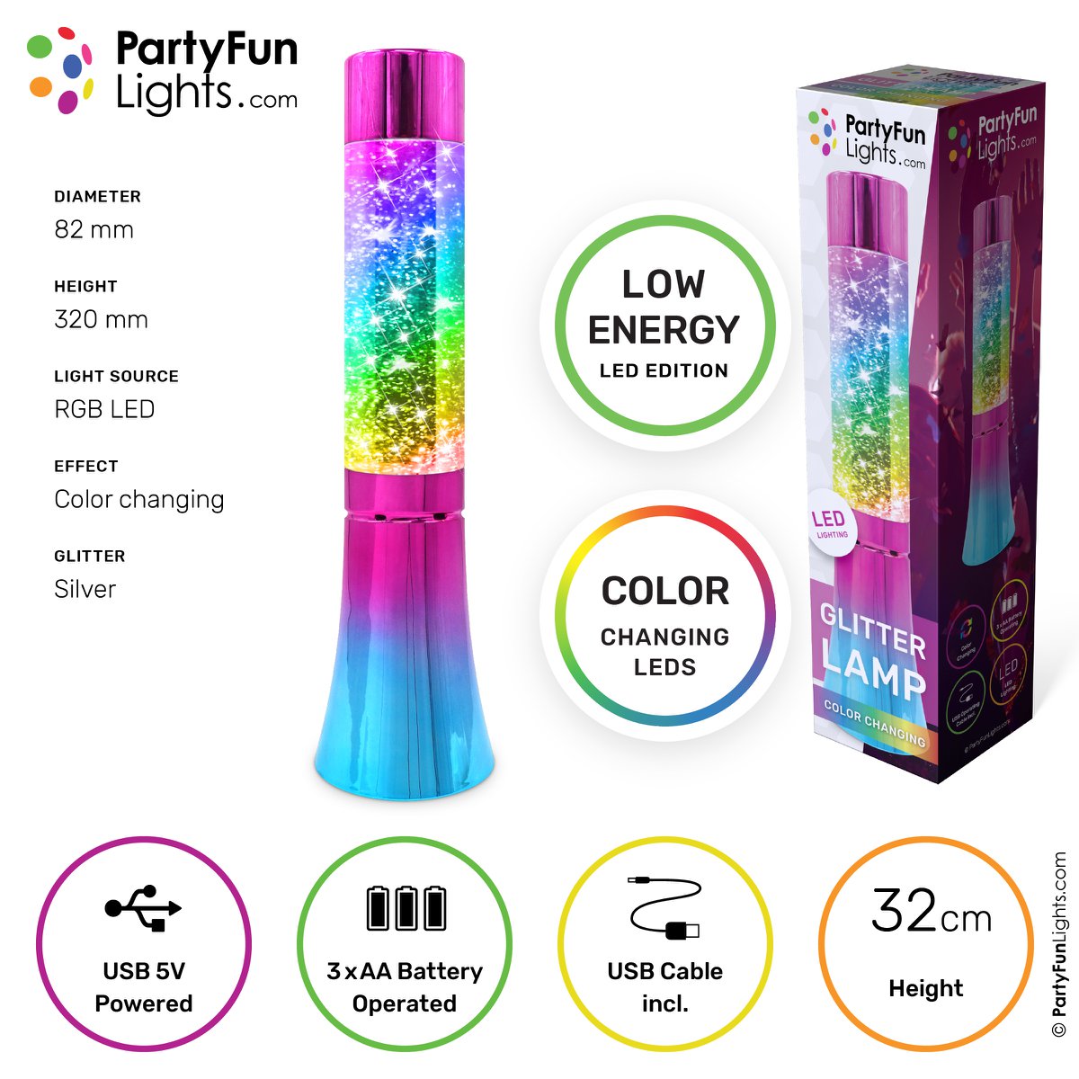 Glitter tornado lamp - battery operated - rainbow look