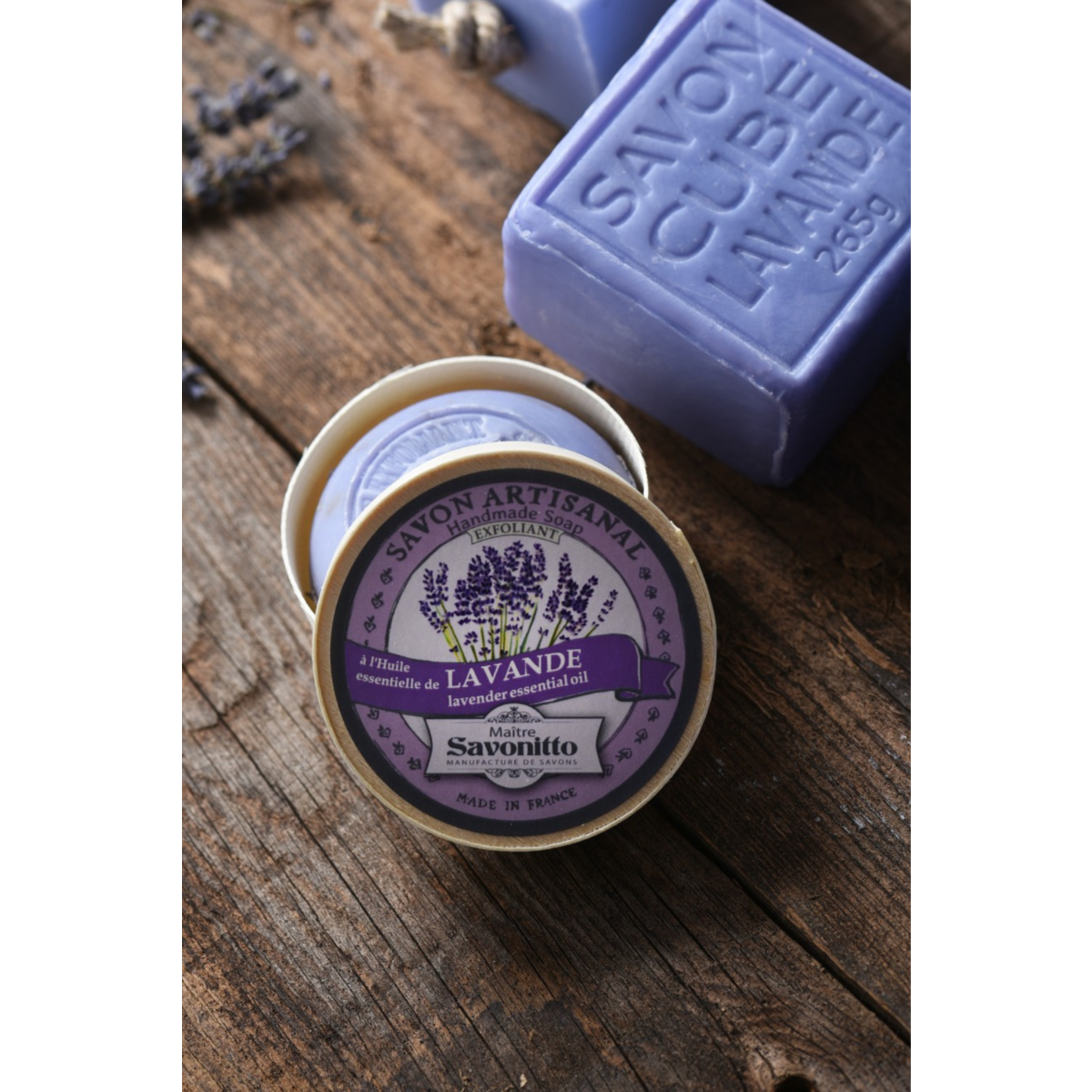 Lavender exfoliating soap in wooden box 100g