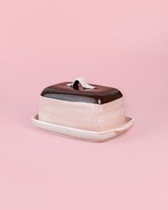 Keramische botervloot - Handgeschilderd - Roze en bruin - Chocolade