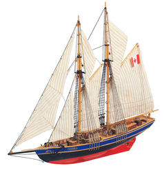  A wooden model ship of the sailing schooner 'Bluenose II', featuring tall masts, sails, and a Canadian flag. The ship is a DIY craft kit.