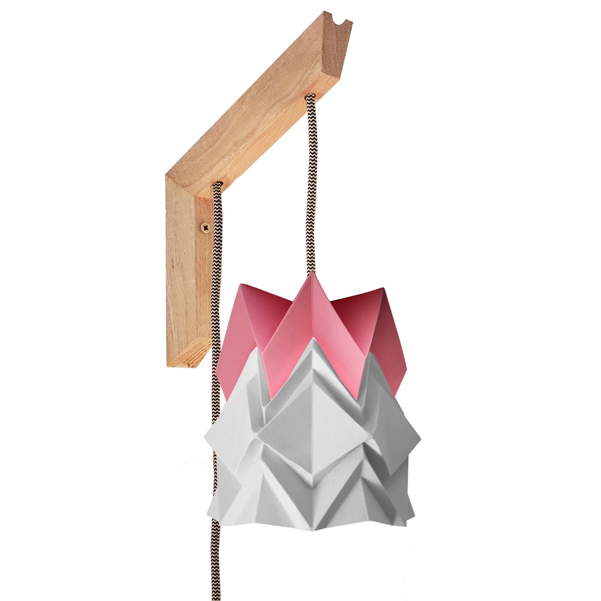 Holzwandleuchte und kleine zweifarbige Origami-Papierpendelleuchte